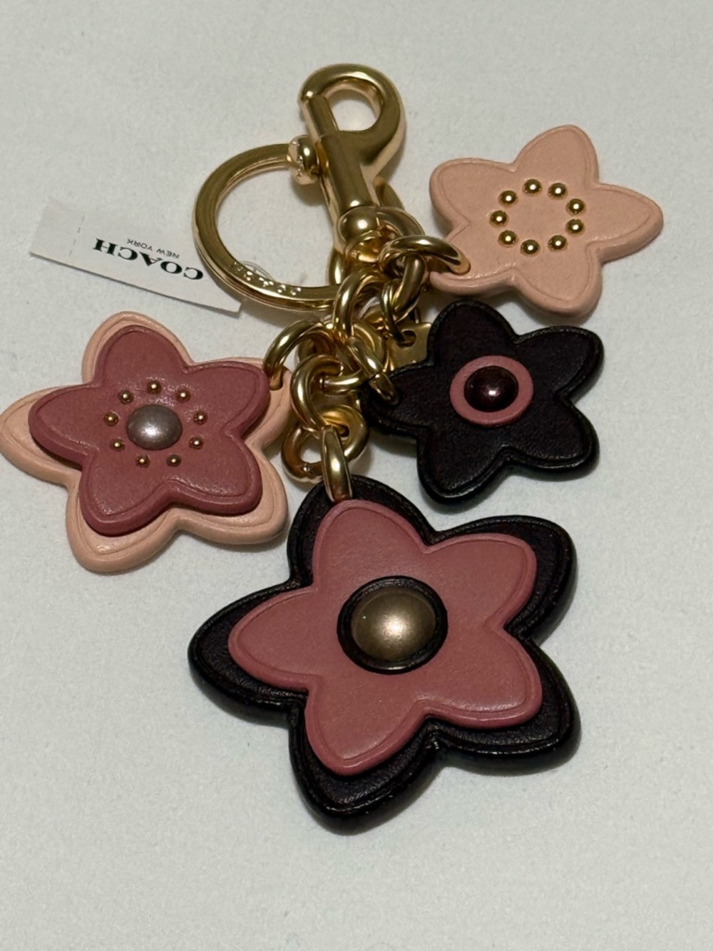 Coach Pink & Plum Floral Leather Key Ring Charm with Gold Hardware